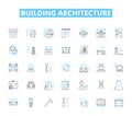 Building architecture linear icons set. Skyscraper, Blueprint, Facade, Columns, Foundations, Roofing, Materials line Royalty Free Stock Photo