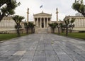 The building of the Athens Academy a marble column with a sculptures of Apollo and Athena, Socrates and Plato against a with