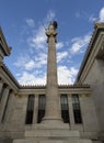 The building of the Athens Academy a marble column with a sculptures of Apollo and Athena, Socrates and Plato against a with