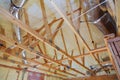 Building Attic Interior. Roofing Construction Indoor. Wooden Roof Frame House