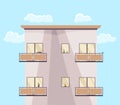 Building balcony, stay home concept. Building with windows side view. Daytime, terrace, house outside without people