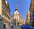 Building of beatiful architecture at Kralodvorska street and U Obecniho domu street crossroads. Prague, Czech Republic