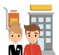 Building bellboy and receptionist of hotel