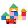 Building blocks with fire truck, creative toy blocks.