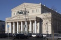 The building of the Bolshoi Theater with the famous team of horses on the facade against the background of the spring blue sky Royalty Free Stock Photo