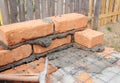 Building brick house wall. Bricklaying and masonry works. Royalty Free Stock Photo