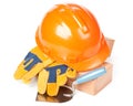 Building bricks, hard hat, trowel and gloves Royalty Free Stock Photo