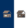 Building, Build, Construction, Home  Icons. Flat and Line Filled Icon Set Vector Blue Background Royalty Free Stock Photo