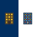 Building, Buildings, Construction  Icons. Flat and Line Filled Icon Set Vector Blue Background Royalty Free Stock Photo