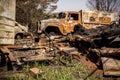 Building and car destroyed by fire during australian bushfires Royalty Free Stock Photo