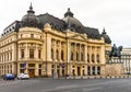 The building of the Central University Library with equestrian monument to King Karol I in Bucharest, Romania, 2020