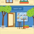 The building of the city bakery with outdoor tables and chairs. Vector concept of a summer cafe. Flat vector illustration Royalty Free Stock Photo