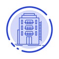 Building, City, Dormitory, Hostel, Hotel Blue Dotted Line Line Icon