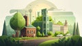 Building and City Illustration, City scene, Town and Nature green field landscape