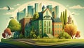 Building and City Illustration, City scene, Town and Nature green field landscape