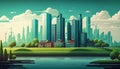 Building and City Illustration, City scene, Town and Nature green field landscape