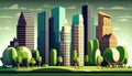 Building and City Illustration, City scene, Town and Nature green field landscape