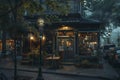 A building with a clock on its front facade, situated on a bustling street corner, A cozy coffee shop nestled on a bustling street