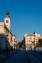 Building with a clock tower in Puerta del Sol square in the city of Madrid. Spain. Royalty Free Stock Photo