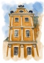 Building with columns, windows and pediment. Classic architectural style. Watercolor digital illustration, sketch