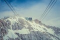 The building complex on the top of Zugspitze mountain and cables of the cable car Gletcherbahn on a sunny summer day Royalty Free Stock Photo