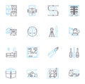 Building compnts linear icons set. Roofing, Flooring, Insulation, Windows, Doors, Ceilings, Walls line vector and