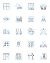 Building compnts linear icons set. Roofing, Flooring, Insulation, Windows, Doors, Ceilings, Walls line vector and