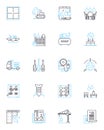 Building compnts linear icons set. Roofing, Flooring, Insulation, Windows, Doors, Ceilings, Walls line vector and Royalty Free Stock Photo