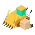 Building concept icon isometric vector. Bulldozer and postal parcel on handcart