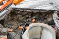 Building concrete sewage tank, flowing water trough orange pipes