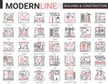 Building construction complex red black line icons vector illustration set, outline constructing website symbols Royalty Free Stock Photo