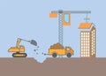 Building. Construction crane and excavator. Flat vector illustration city building. Royalty Free Stock Photo
