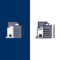 Building, Construction, Factory, Industry  Icons. Flat and Line Filled Icon Set Vector Blue Background Royalty Free Stock Photo