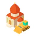 Building construction icon isometric vector. Construction bulldozer near church