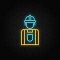 building, construction, industry, worker. Blue and yellow neon vector icon