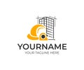 Building construction logo design. Construction helmet and measure tape vector design