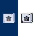 Building, Construction, Map, House  Icons. Flat and Line Filled Icon Set Vector Blue Background Royalty Free Stock Photo