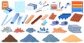 Building construction materials vector illustration set, cartoon flat constructing industry collection of cement sand