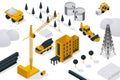 Building construction process, vector illustration isometric. Heavy equipment, crane and machine on construction site Royalty Free Stock Photo