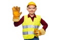 boy in protective helmet, gloves and safety vest Royalty Free Stock Photo