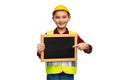 little boy in protective helmet holding chalkboard Royalty Free Stock Photo