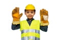 little boy in gloves, safety vest and helmet Royalty Free Stock Photo