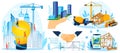 Building construction project design vector illustration set, cartoon flat tiny worker builder people construct build