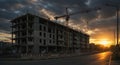 Building construction site with crane at sunset in urban street Royalty Free Stock Photo