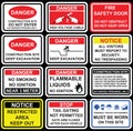 Building construction site safety warning signage, icons and s