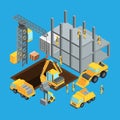 Building construction stage. Isometric transport for construct. Vector illustrations set