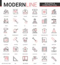 Building construction thin red black line icons vector illustration set with builders tools and crane equipment, city