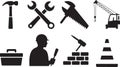 Building and construction tools silhouettes vector including hammer wrench crane Royalty Free Stock Photo