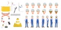 Building construction worker cartoon character head set and animation. Front, side, back, 3-4 view animated character vector Royalty Free Stock Photo