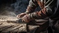 Building contractor worker using hand held worm drive circular saw to cut boards on a new home constructiion project. Royalty Free Stock Photo